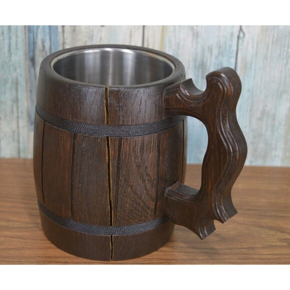 Rustic Wood Beer Mug Tankard Stein | Medieval Viking Style | **Has Crack** AS-IS - Picture 4 of 11